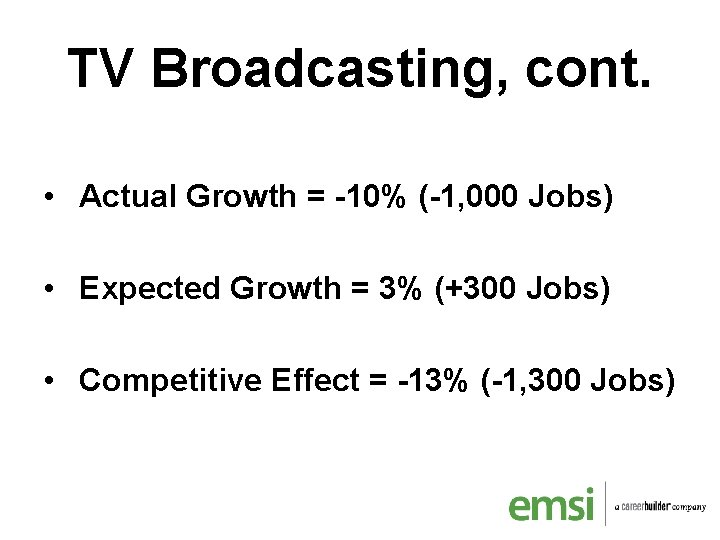 TV Broadcasting, cont. • Actual Growth = -10% (-1, 000 Jobs) • Expected Growth