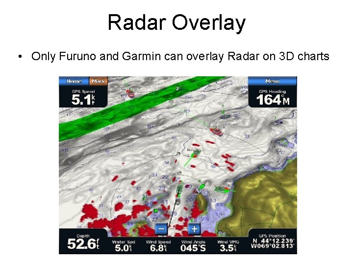 Radar Overlay • Only Furuno and Garmin can overlay Radar on 3 D charts