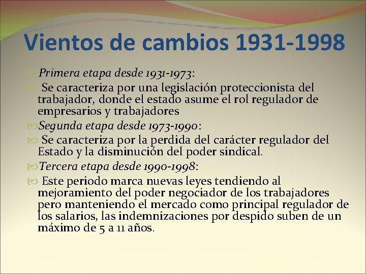 Vientos de cambios 1931 -1998 Primera etapa desde 1931 -1973: Se caracteriza por una