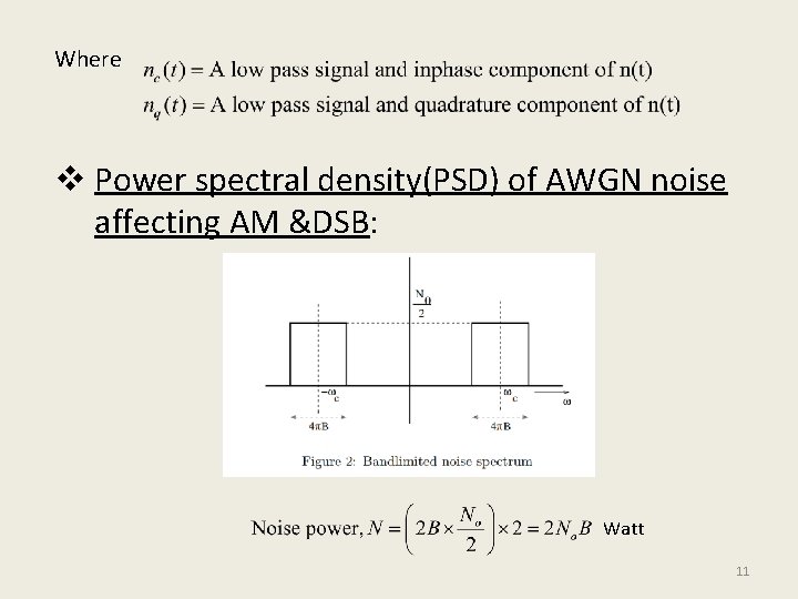 Where v Power spectral density(PSD) of AWGN noise affecting AM &DSB: Watt 11 