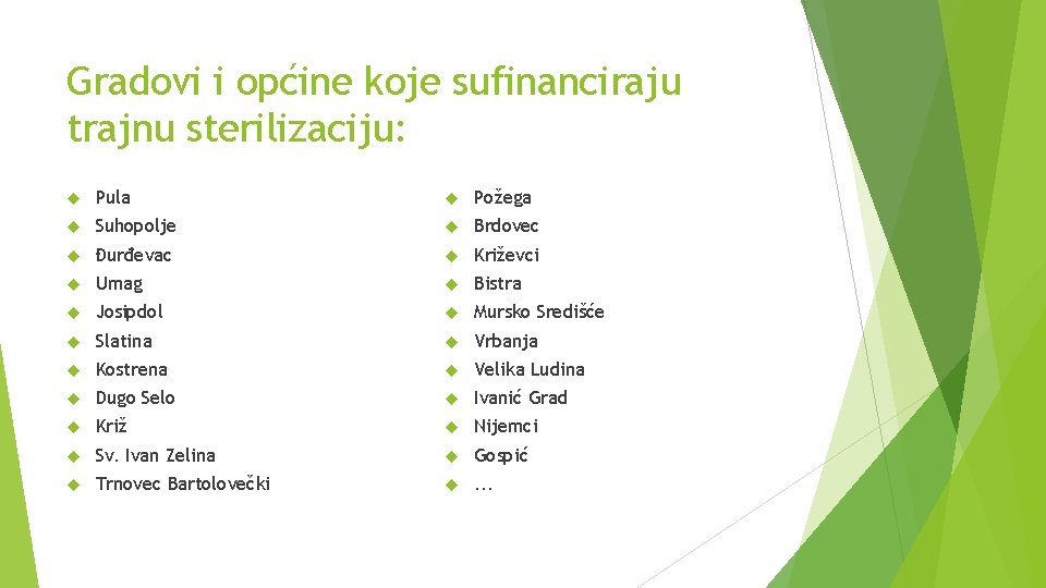 Gradovi i općine koje sufinanciraju trajnu sterilizaciju: Pula Požega Suhopolje Brdovec Đurđevac Križevci Umag