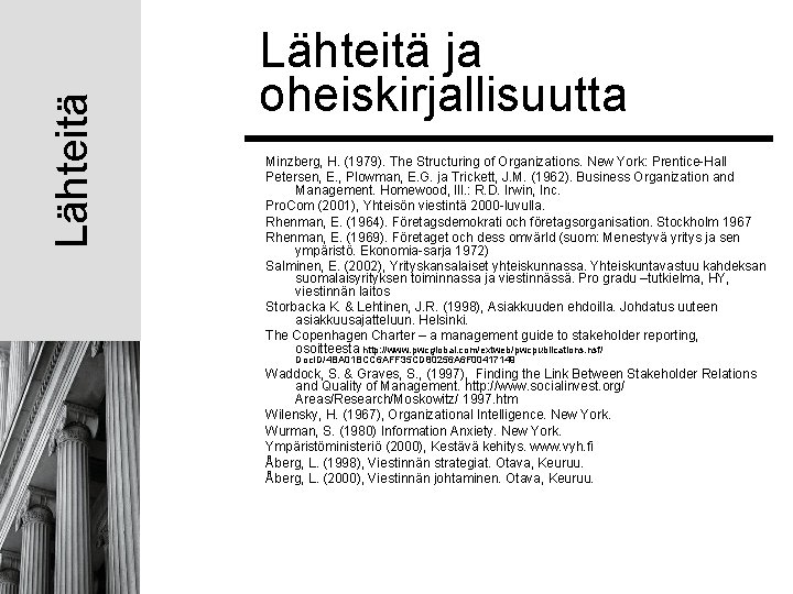 Lähteitä ja oheiskirjallisuutta Minzberg, H. (1979). The Structuring of Organizations. New York: Prentice-Hall Petersen, Lähteitä ja oheiskirjallisuutta Minzberg, H. (1979). The Structuring of Organizations. New York: Prentice-Hall Petersen,