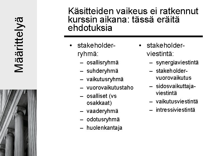 Määrittelyä Käsitteiden vaikeus ei ratkennut kurssin aikana: tässä eräitä ehdotuksia • stakeholderryhmä: – – Määrittelyä Käsitteiden vaikeus ei ratkennut kurssin aikana: tässä eräitä ehdotuksia • stakeholderryhmä: – –