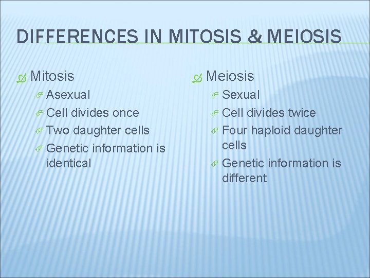 DIFFERENCES IN MITOSIS & MEIOSIS Mitosis Meiosis Asexual Sexual Cell divides once Two daughter