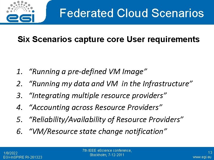 Federated Cloud Scenarios Six Scenarios capture core User requirements 1. 2. 3. 4. 5.