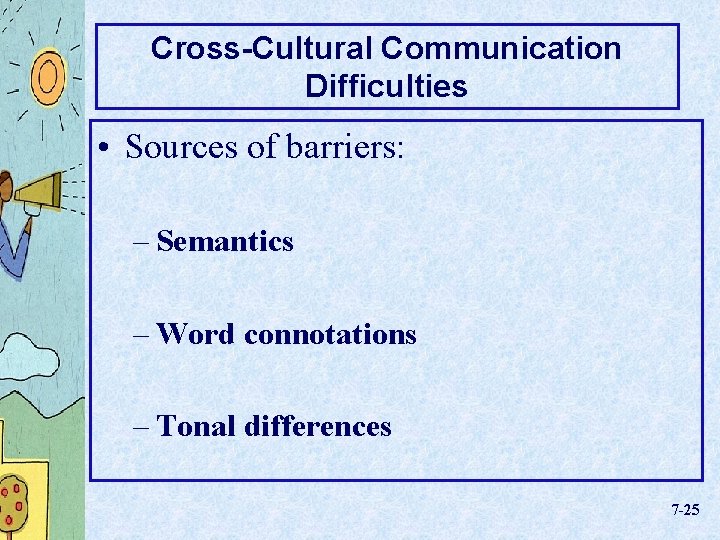 Cross-Cultural Communication Difficulties • Sources of barriers: – Semantics – Word connotations – Tonal