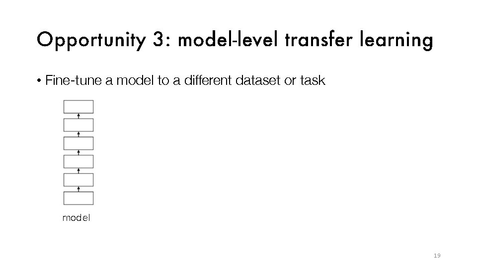 Opportunity 3: model-level transfer learning • Fine-tune a model to a different dataset or