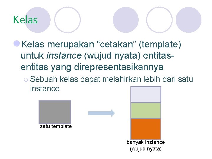 Kelas l. Kelas merupakan “cetakan” (template) untuk instance (wujud nyata) entitas yang direpresentasikannya ¡