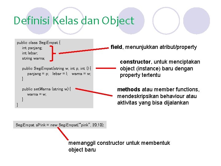 Definisi Kelas dan Object public class Segi. Empat { int panjang; int lebar; string