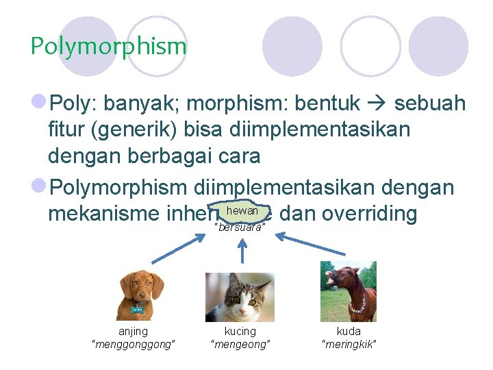 Polymorphism l. Poly: banyak; morphism: bentuk sebuah fitur (generik) bisa diimplementasikan dengan berbagai cara