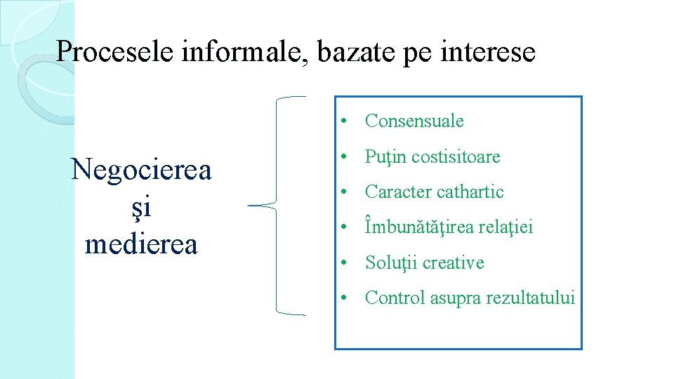 Procesele informale, bazate pe interese • Consensuale Negocierea şi medierea • Puţin costisitoare •