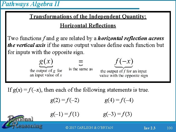 Pathways Algebra II Transformations of the Independent Quantity: Horizontal Reflections Two functions f and