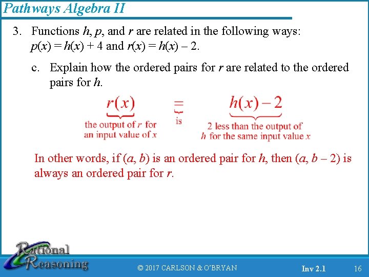 Pathways Algebra II 3. Functions h, p, and r are related in the following