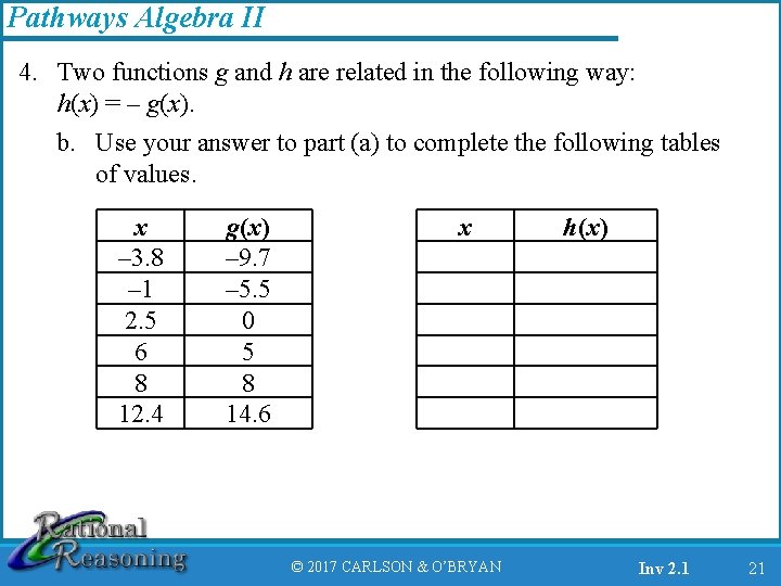 Pathways Algebra II 4. Two functions g and h are related in the following