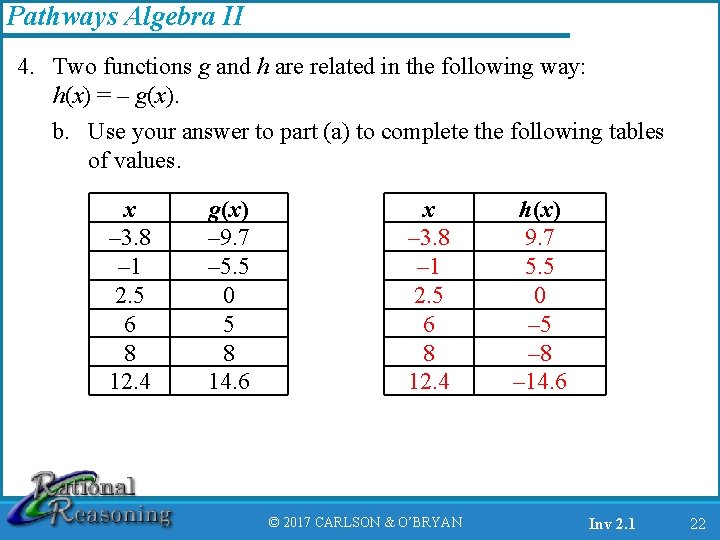 Pathways Algebra II 4. Two functions g and h are related in the following