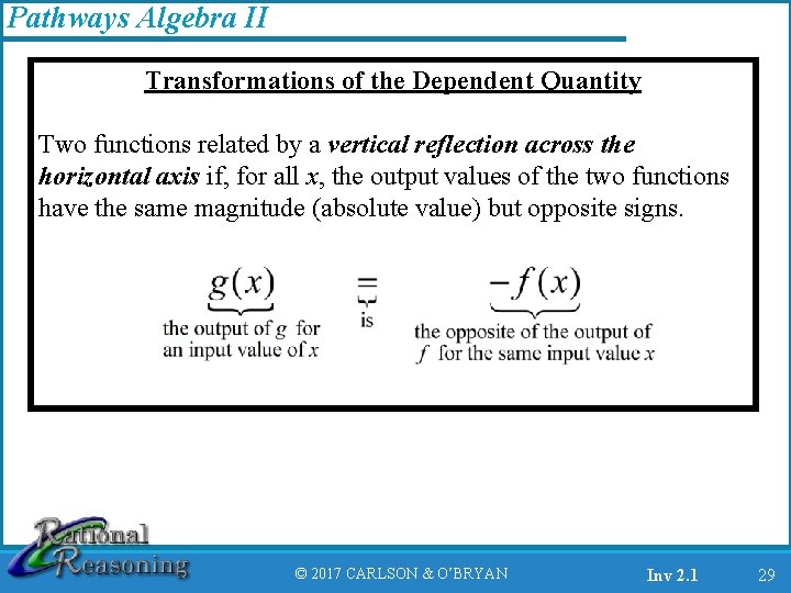 Pathways Algebra II Transformations of the Dependent Quantity Two functions related by a vertical