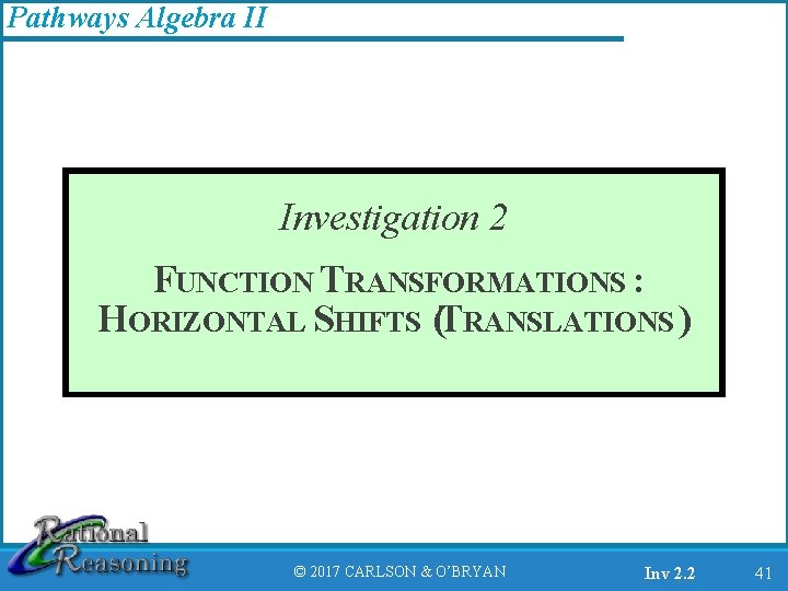 Pathways Algebra II Investigation 2 FUNCTION TRANSFORMATIONS : HORIZONTAL SHIFTS (TRANSLATIONS ) © 2017