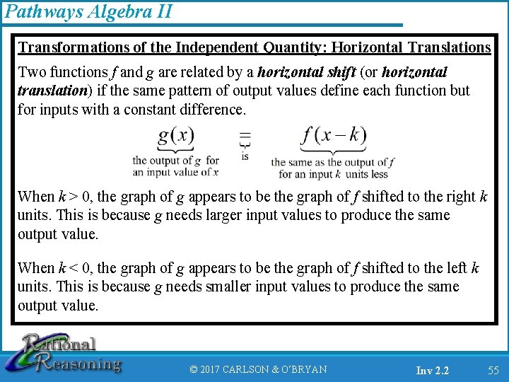Pathways Algebra II Transformations of the Independent Quantity: Horizontal Translations Two functions f and
