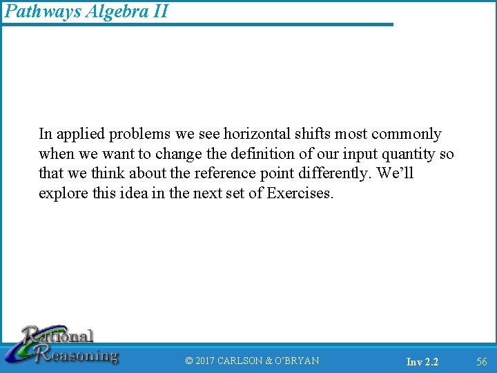 Pathways Algebra II In applied problems we see horizontal shifts most commonly when we