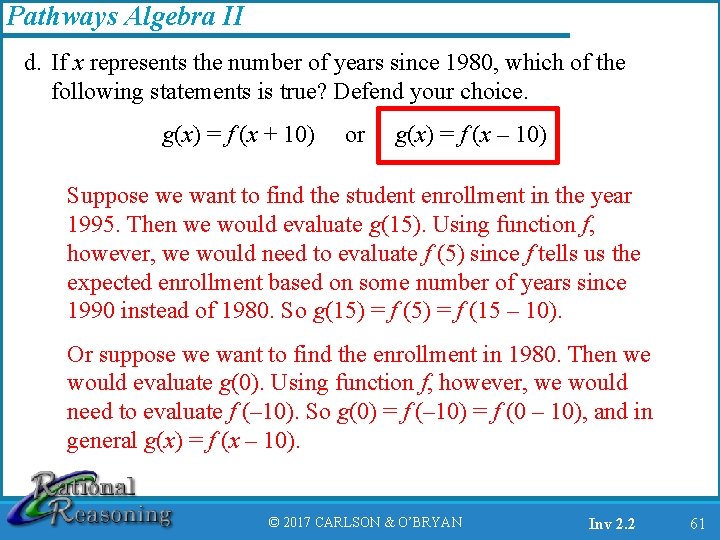 Pathways Algebra II d. If x represents the number of years since 1980, which