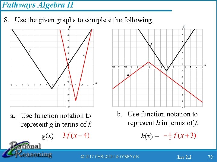 Pathways Algebra II 8. Use the given graphs to complete the following. a. Use