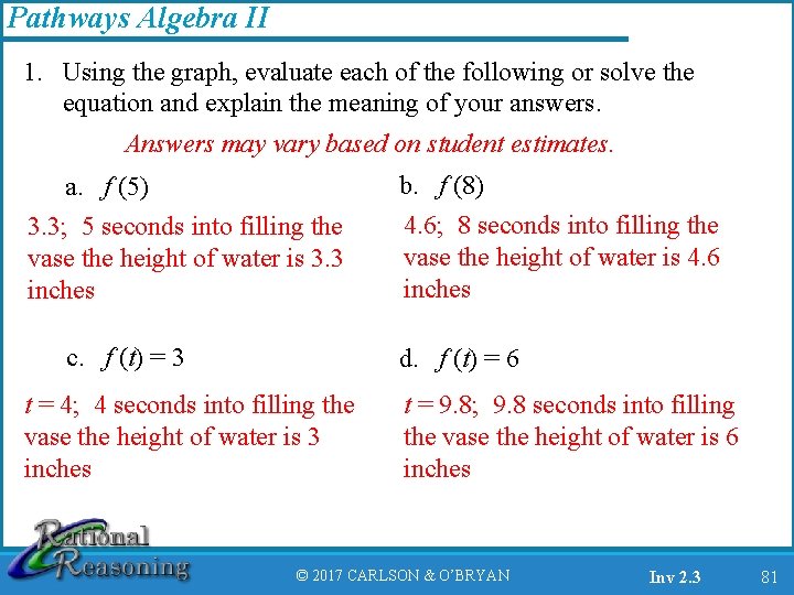 Pathways Algebra II 1. Using the graph, evaluate each of the following or solve