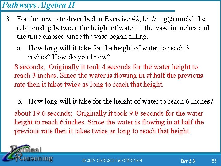 Pathways Algebra II 3. For the new rate described in Exercise #2, let h