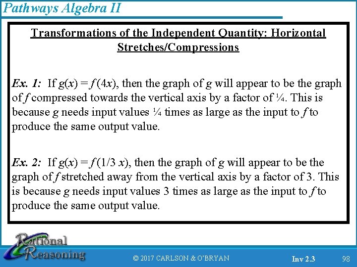 Pathways Algebra II Transformations of the Independent Quantity: Horizontal Stretches/Compressions Ex. 1: If g(x)