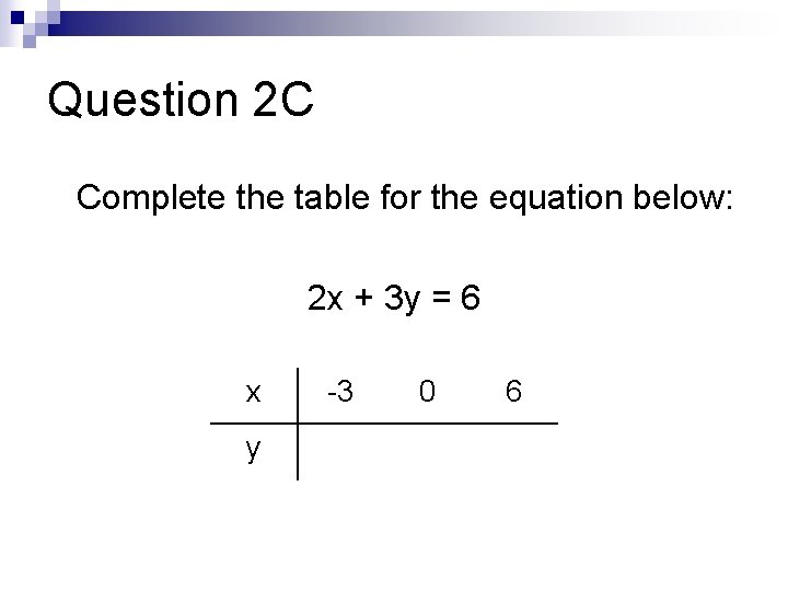 Question 2 C Complete the table for the equation below: 2 x + 3