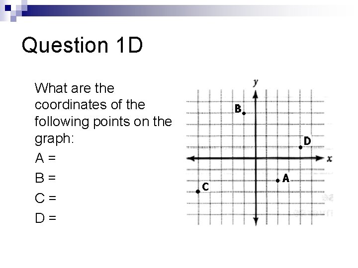 Question 1 D What are the coordinates of the following points on the graph: