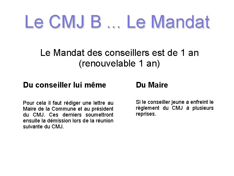 Le CMJ B. . . Le Mandat des conseillers est de 1 an (renouvelable