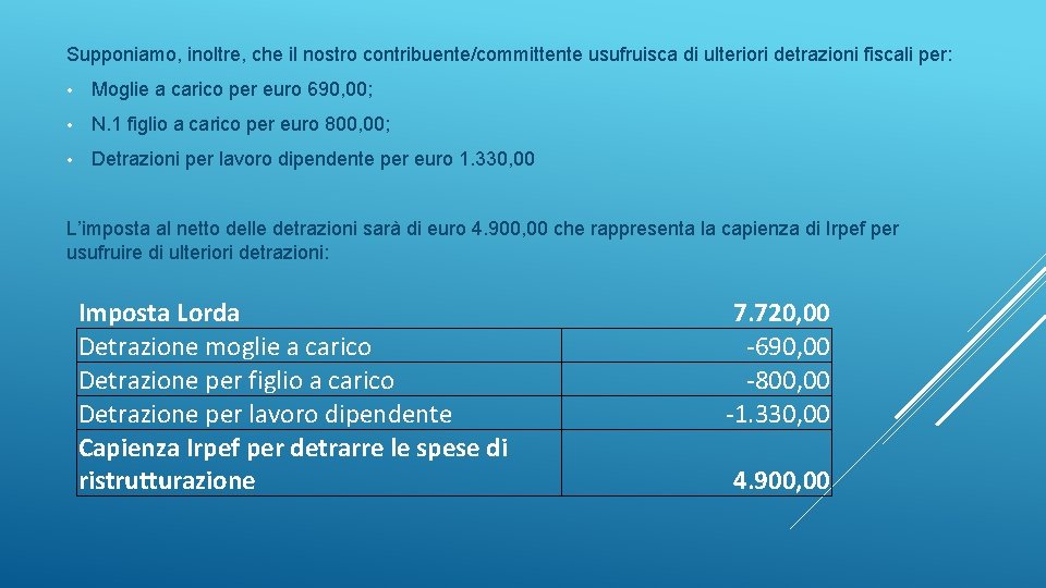 Supponiamo, inoltre, che il nostro contribuente/committente usufruisca di ulteriori detrazioni fiscali per: • Moglie