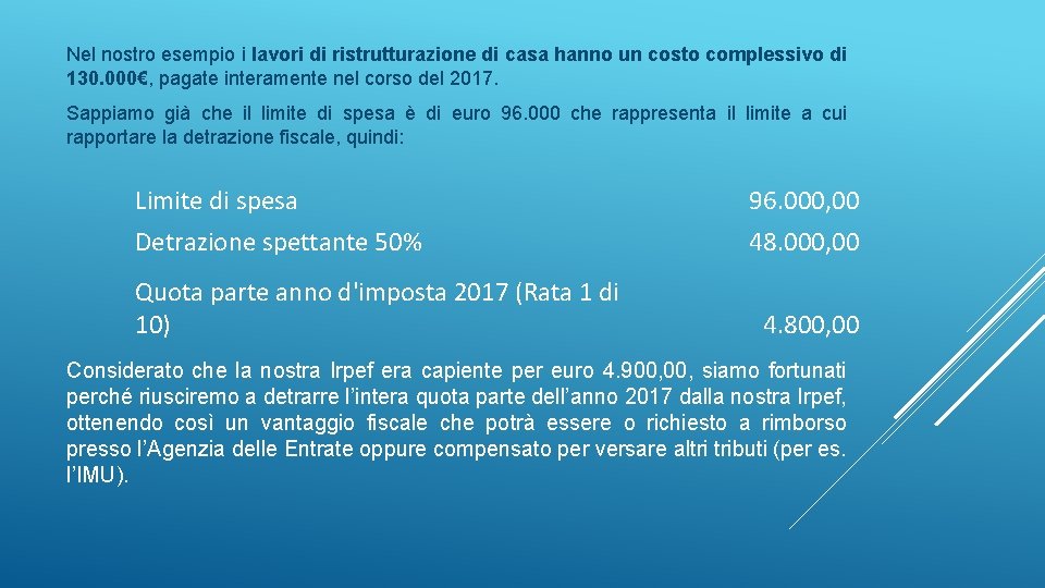 Nel nostro esempio i lavori di ristrutturazione di casa hanno un costo complessivo di