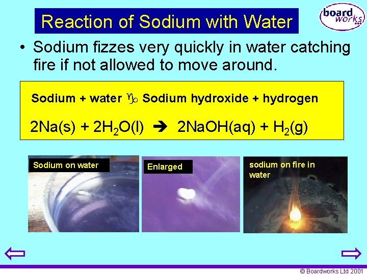 Reaction of Sodium with Water • Sodium fizzes very quickly in water catching fire