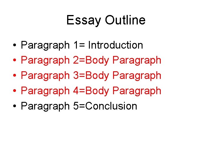 Essay Outline • • • Paragraph 1= Introduction Paragraph 2=Body Paragraph 3=Body Paragraph 4=Body
