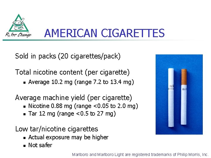 AMERICAN CIGARETTES Sold in packs (20 cigarettes/pack) Total nicotine content (per cigarette) n Average