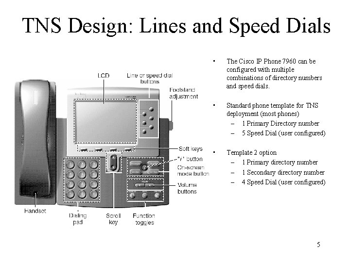 TNS Design: Lines and Speed Dials • The Cisco IP Phone 7960 can be