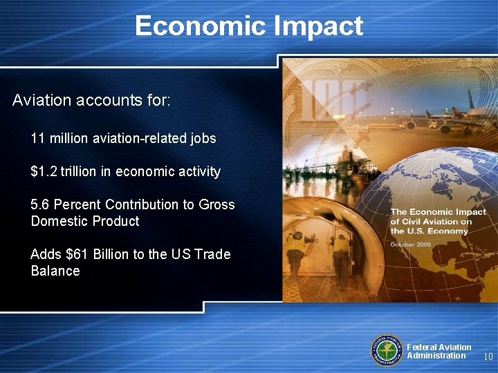Economic Impact Aviation accounts for: 11 million aviation-related jobs $1. 2 trillion in economic