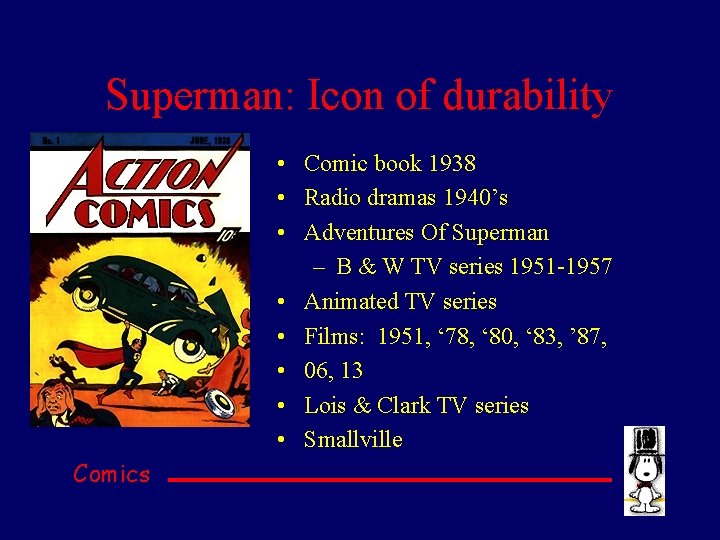 Superman: Icon of durability • Comic book 1938 • Radio dramas 1940’s • Adventures