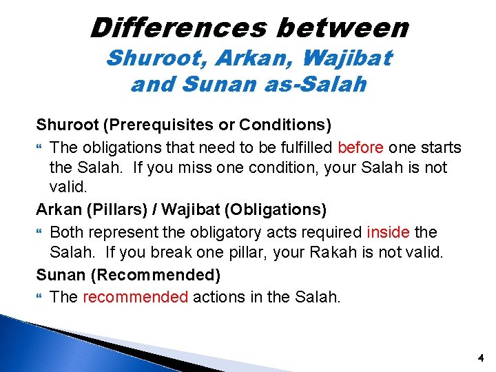 Differences between Shuroot, Arkan, Wajibat and Sunan as-Salah Shuroot (Prerequisites or Conditions) The obligations