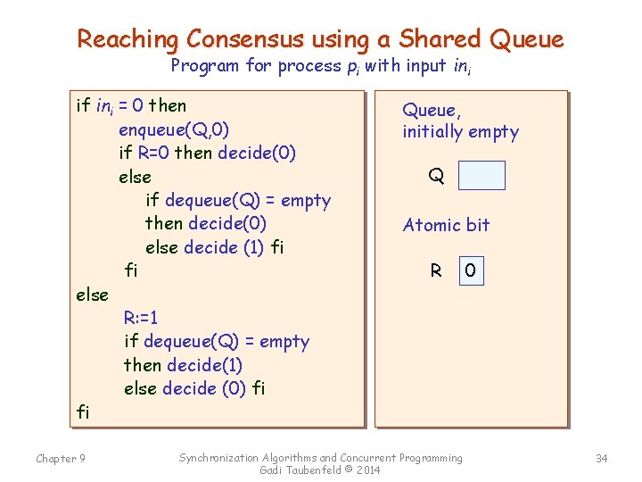 Reaching Consensus using a Shared Queue Program for process pi with input ini if