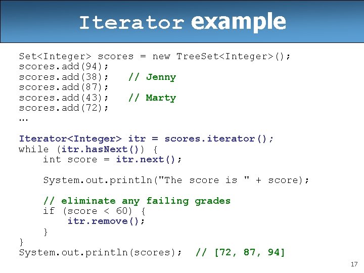 Iterator example Set<Integer> scores = new Tree. Set<Integer>(); scores. add(94); scores. add(38); // Jenny Iterator example Set<Integer> scores = new Tree. Set<Integer>(); scores. add(94); scores. add(38); // Jenny