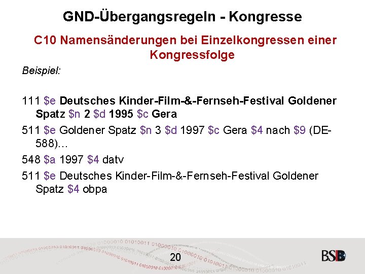 GND-Übergangsregeln - Kongresse C 10 Namensänderungen bei Einzelkongressen einer Kongressfolge Beispiel: 111 $e Deutsches