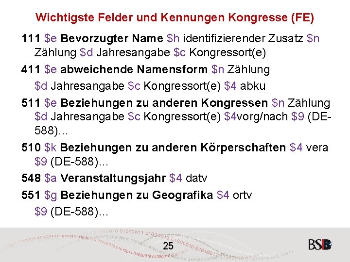 Wichtigste Felder und Kennungen Kongresse (FE) 111 $e Bevorzugter Name $h identifizierender Zusatz $n