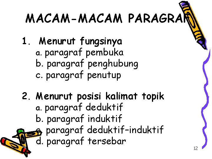 MACAM-MACAM PARAGRAF 1. Menurut fungsinya a. paragraf pembuka b. paragraf penghubung c. paragraf penutup