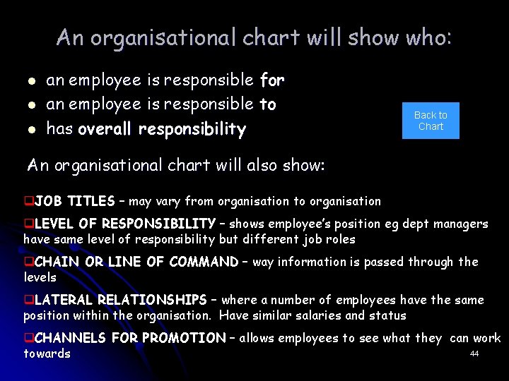 An organisational chart will show who: l l l an employee is responsible for