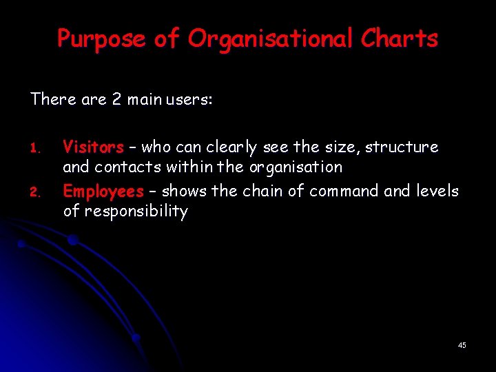 Purpose of Organisational Charts There are 2 main users: 1. 2. Visitors – who