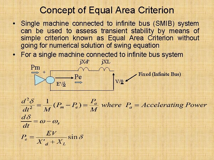 Concept of Equal Area Criterion • Single machine connected to infinite bus (SMIB) system