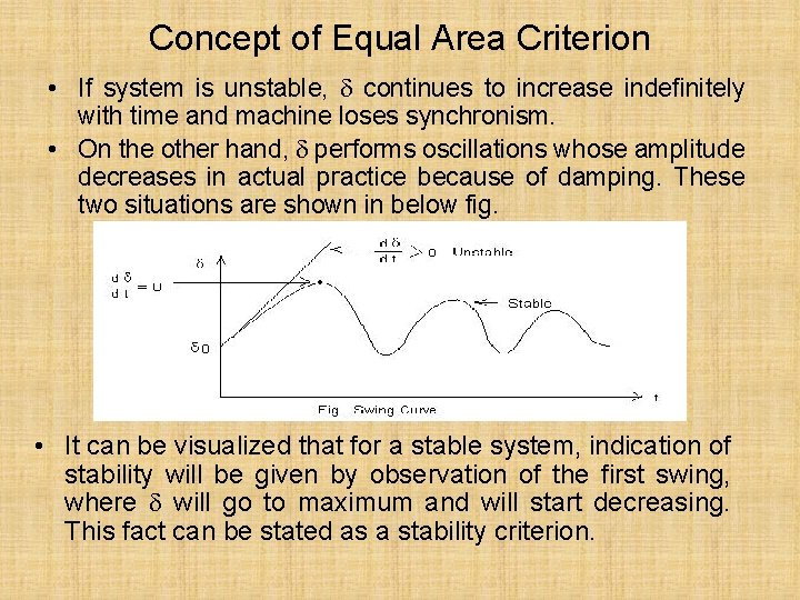 Concept of Equal Area Criterion • If system is unstable, continues to increase indefinitely