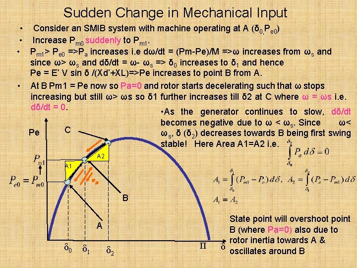 Sudden Change in Mechanical Input • Consider an SMIB system with machine operating at